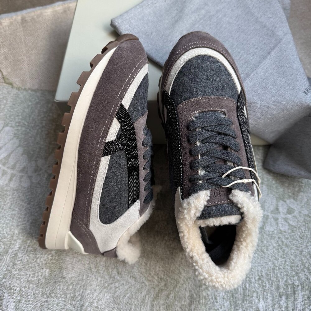 Brunello Cucinelli Fur-Lined Suede And Wool Sneakers